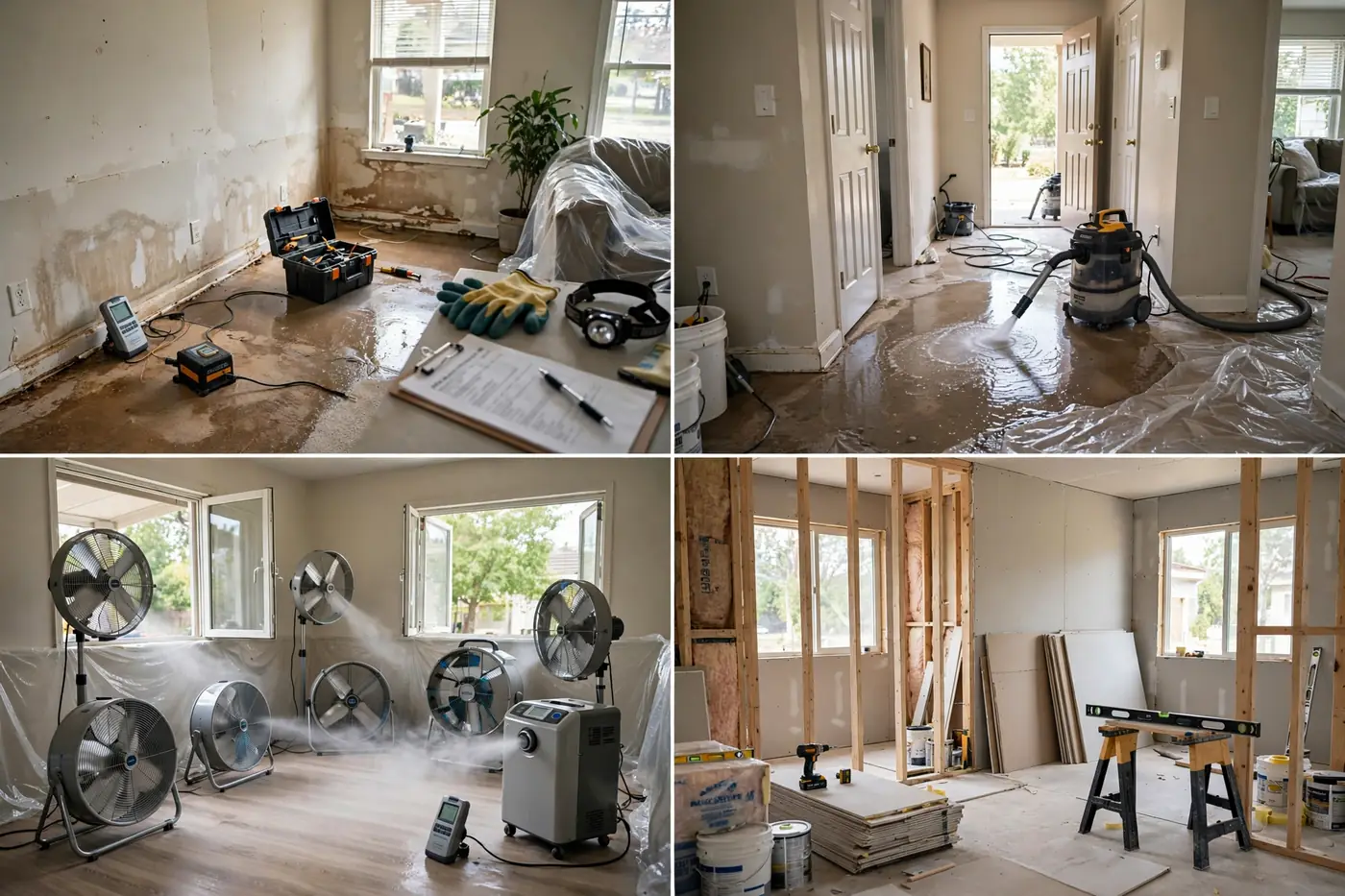 Home showing restoration stages from assessment to rebuild