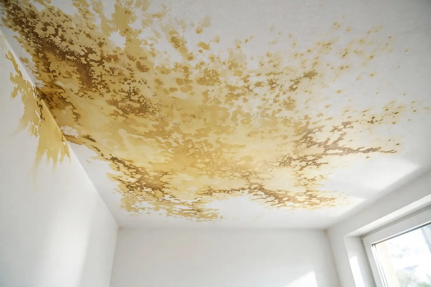 Yellow-brown stain spreading on white ceiling