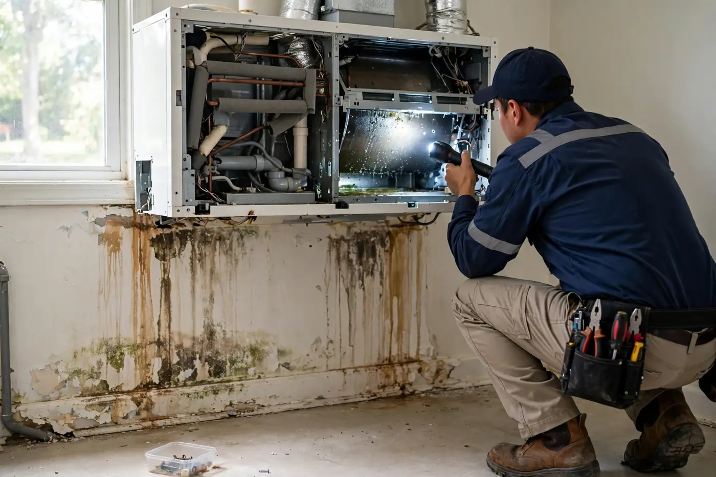 Technician inspecting AC air handler with flashlight showing water stains