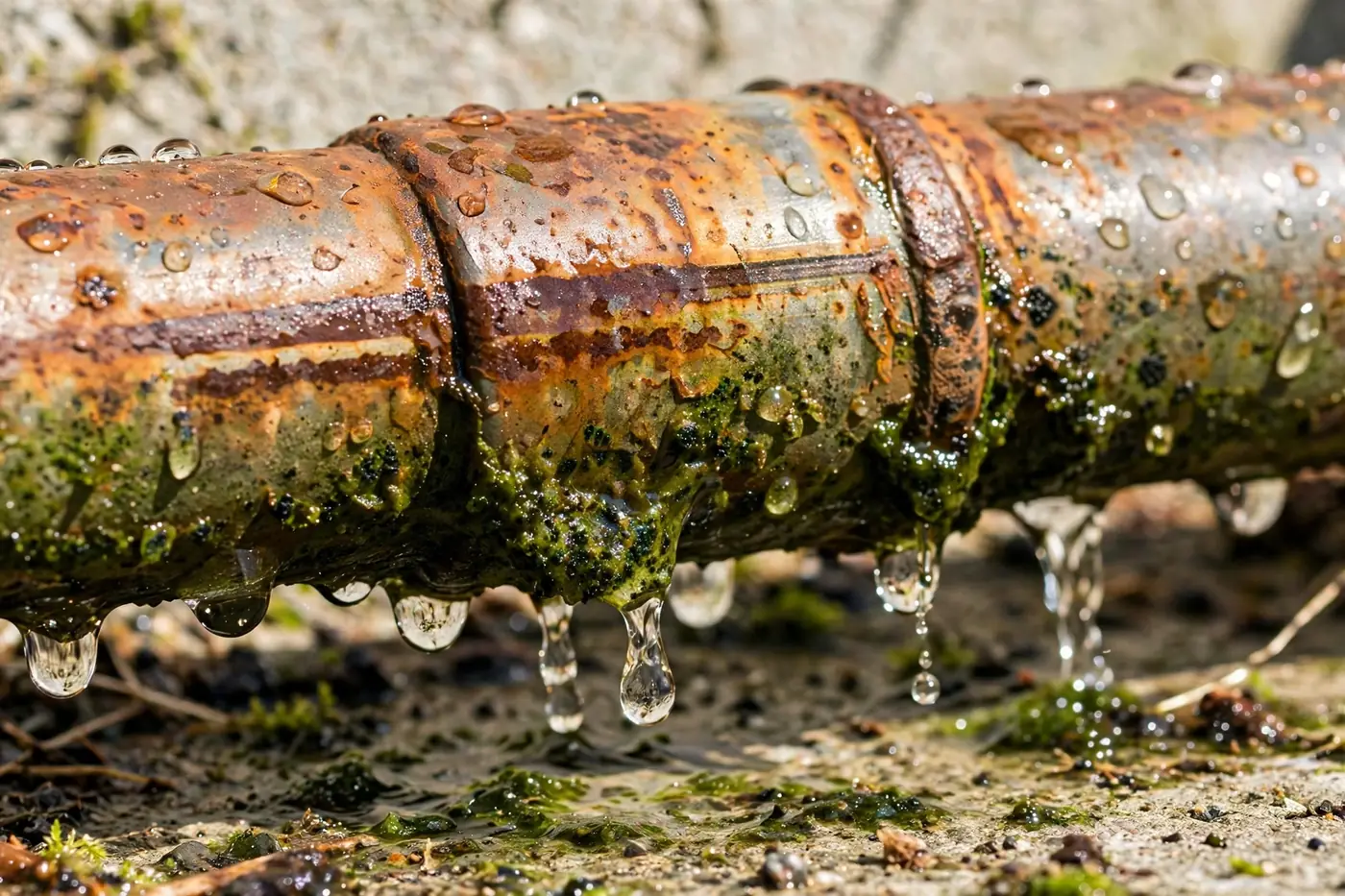 Close-up of clogged AC drain line with water droplets