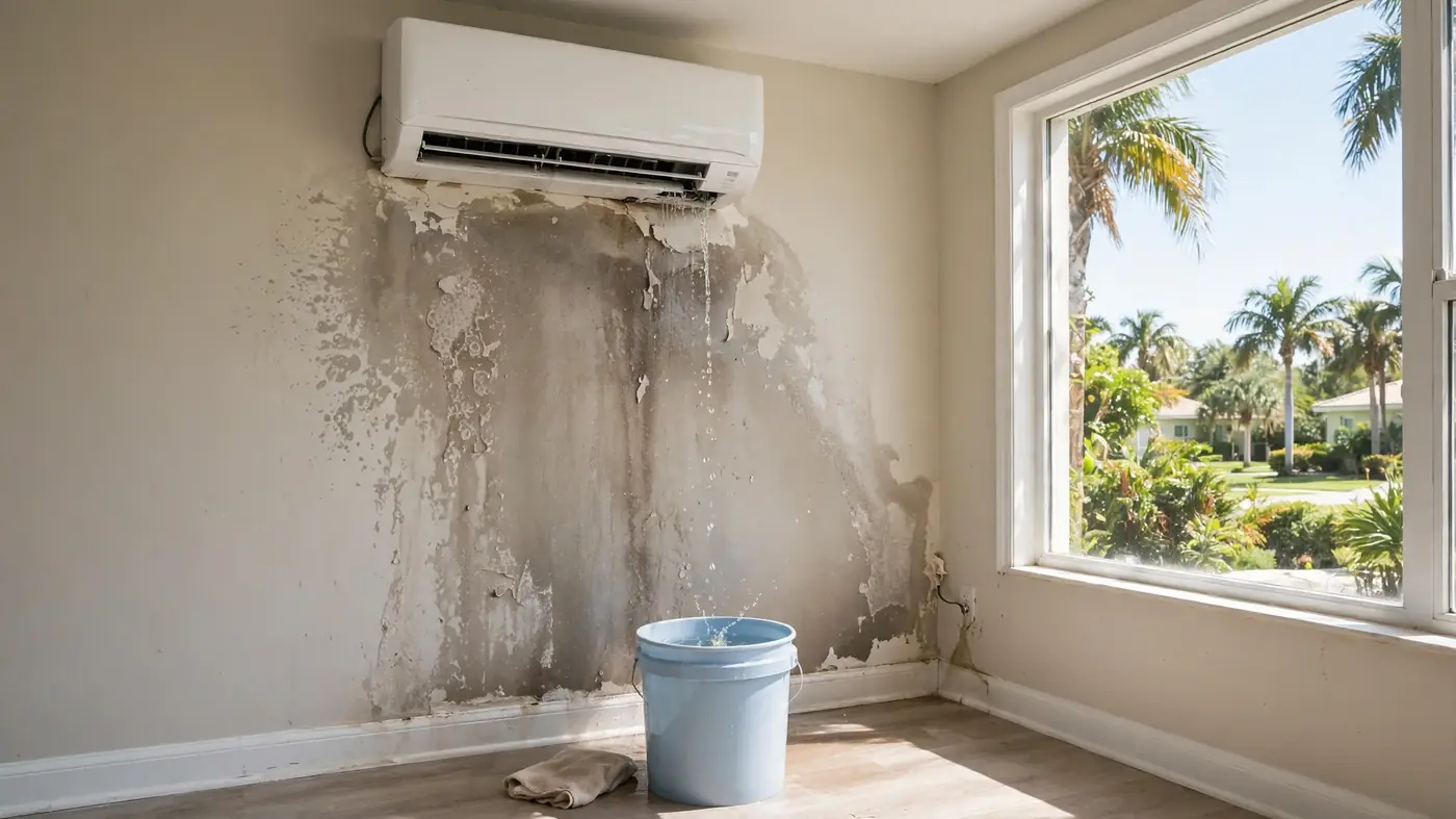 Leaking wall AC unit dripping water into bucket with stained drywall