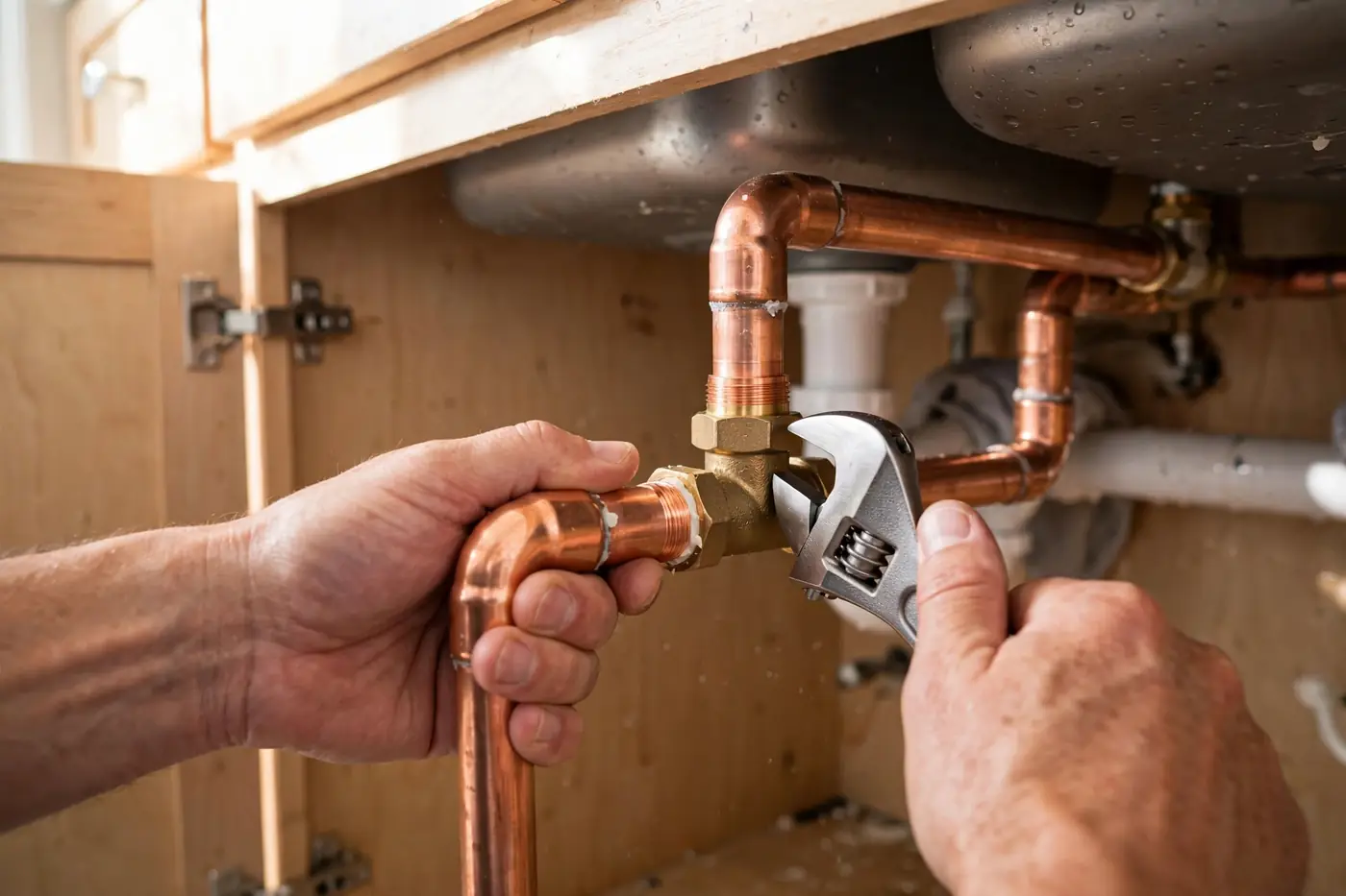 Hands tightening wrench on new copper pipe fitting under sink