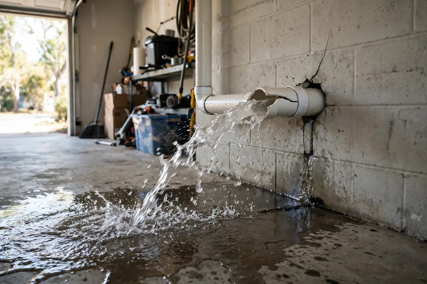 Water gushing from cracked pipe in garage wall