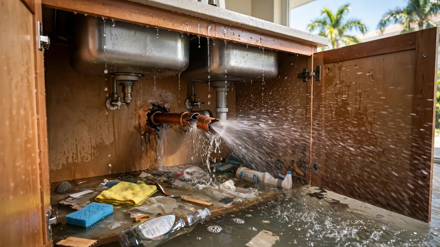 Burst copper pipe spraying water under kitchen sink