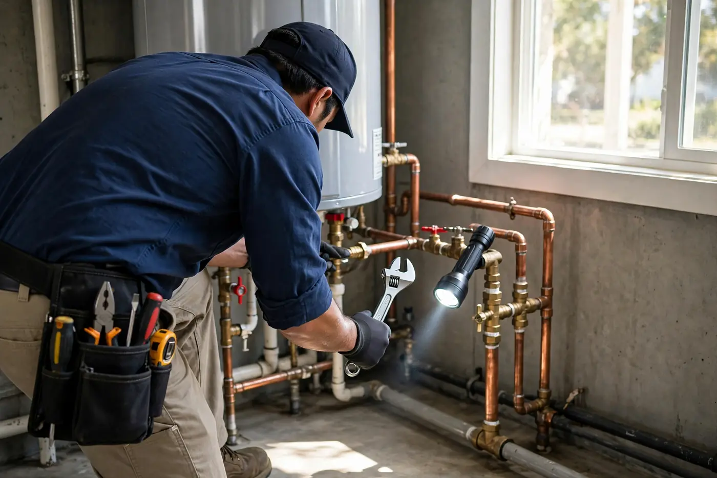 Technician inspecting water heater connections with flashlight