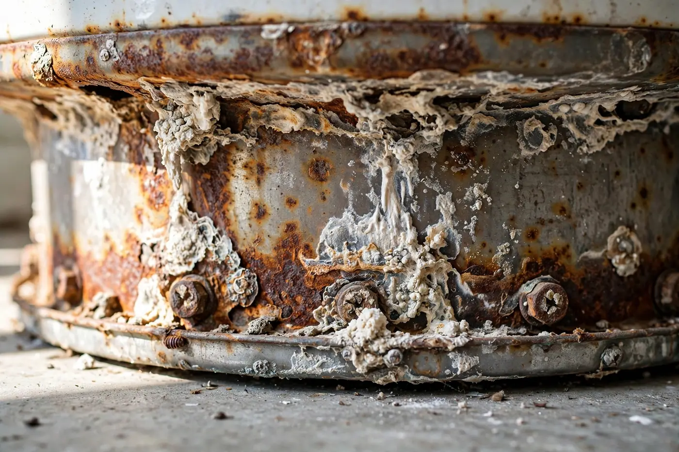 Rusty water heater base with corrosion close-up