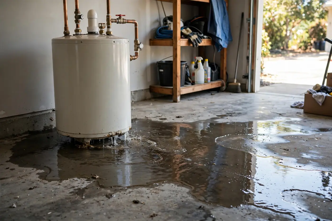 Leaking water heater tank with puddle spreading on garage floor