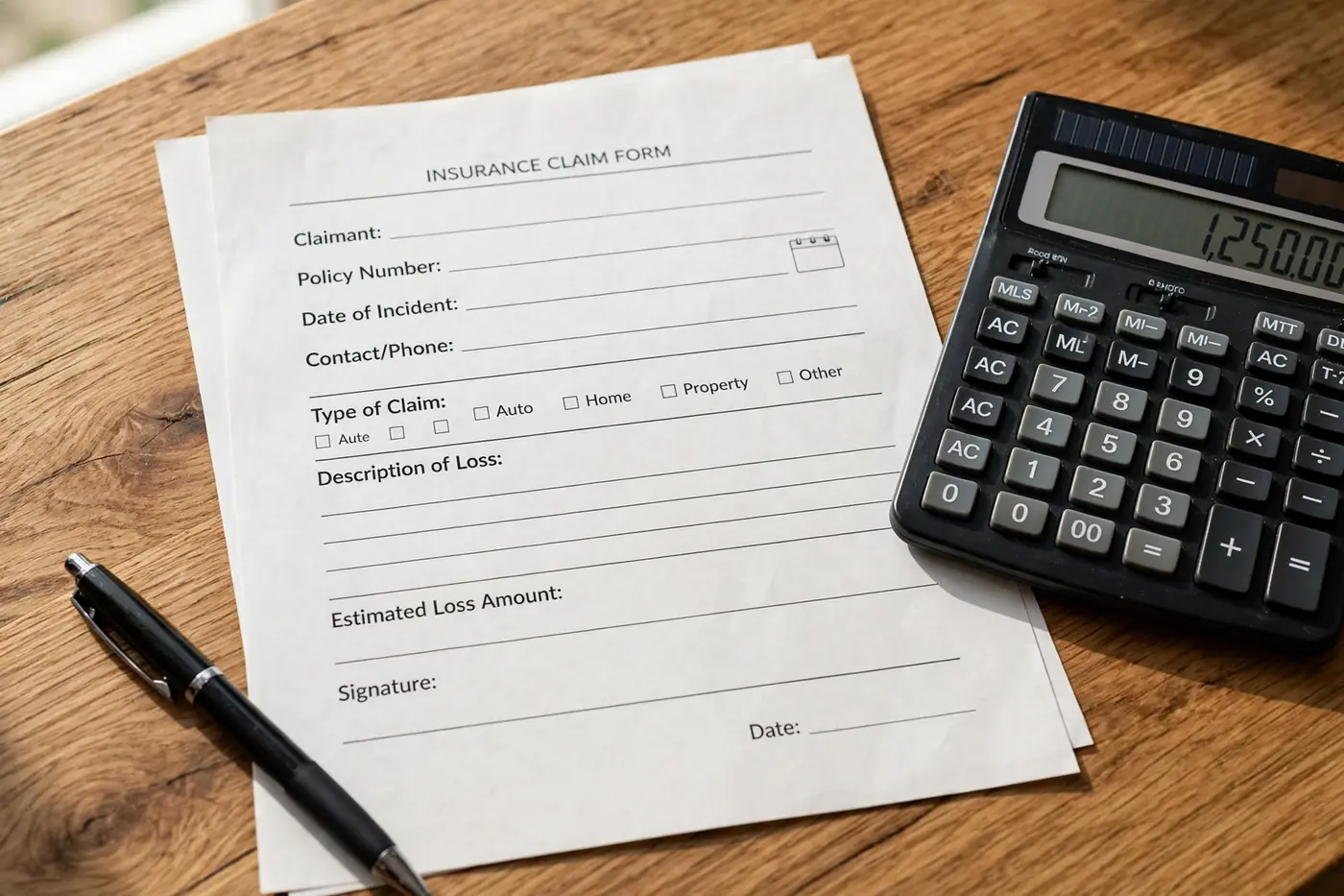 Insurance claim form with pen and calculator on desk