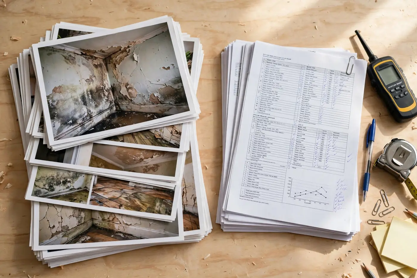 Printed damage photos beside moisture reading reports
