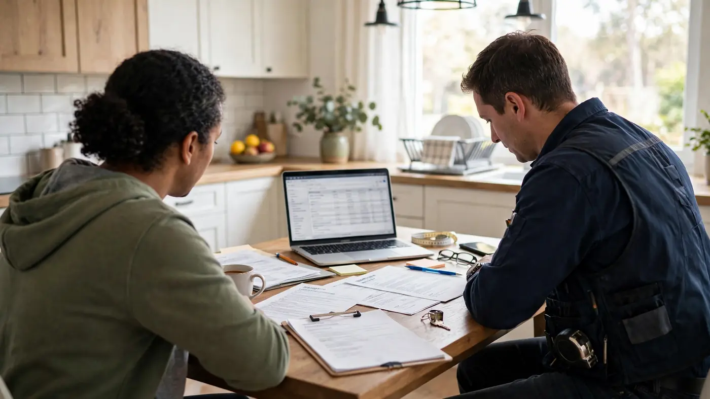 Homeowner reviewing insurance claim paperwork with technician