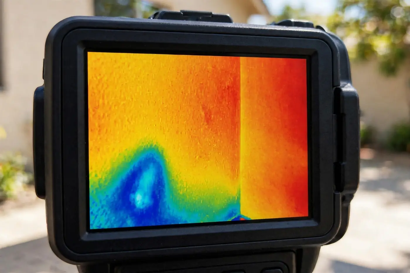 Thermal imaging camera showing moisture spot on wall