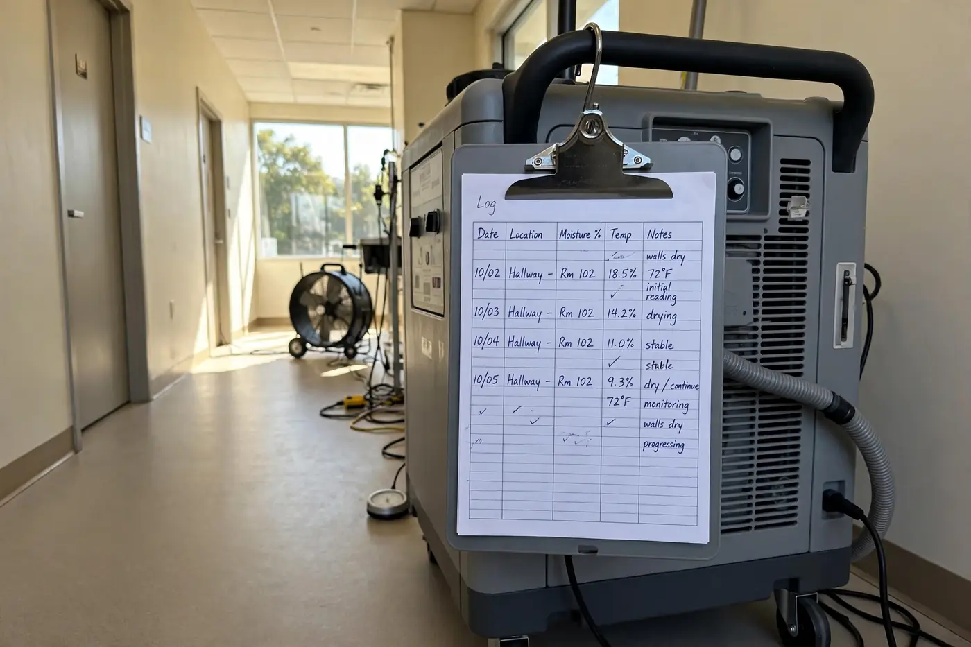 Moisture log readings on clipboard hanging on drying equipment