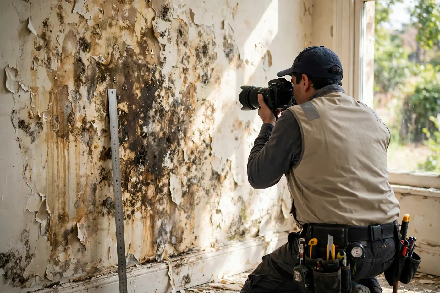 Technician photographing water-damaged wall with ruler for scale
