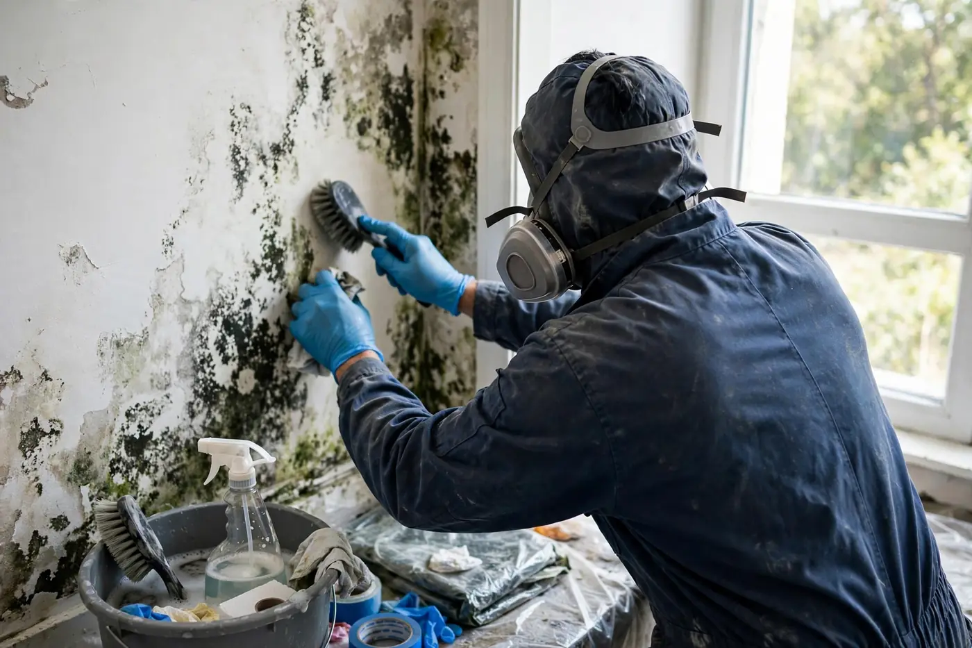 Technician in respirator scrubbing mold from wall