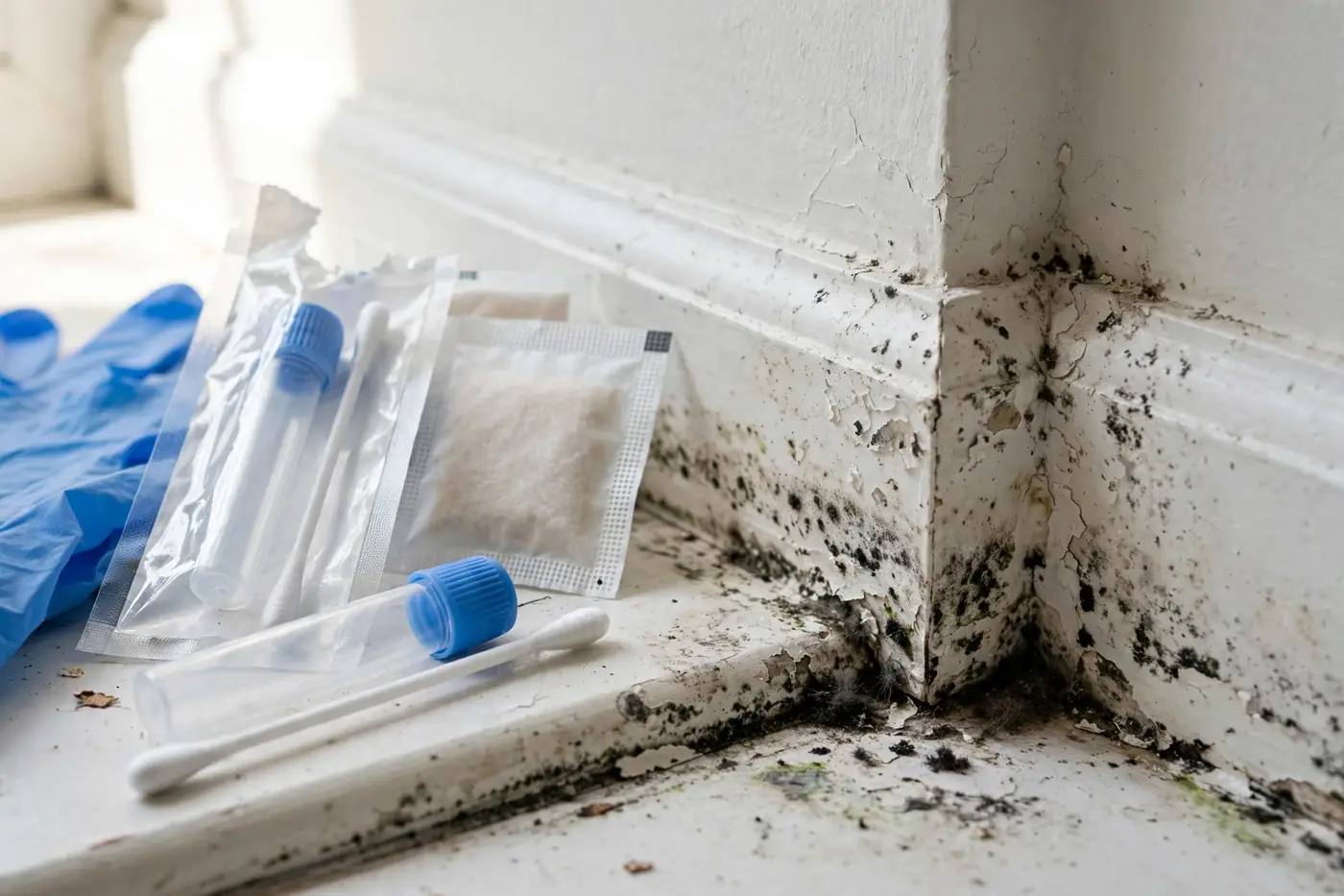 Mold test swab kit beside affected baseboard