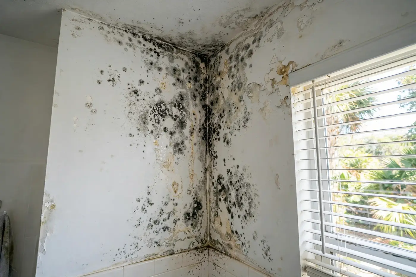 Dark mold spots on damp bathroom drywall corner