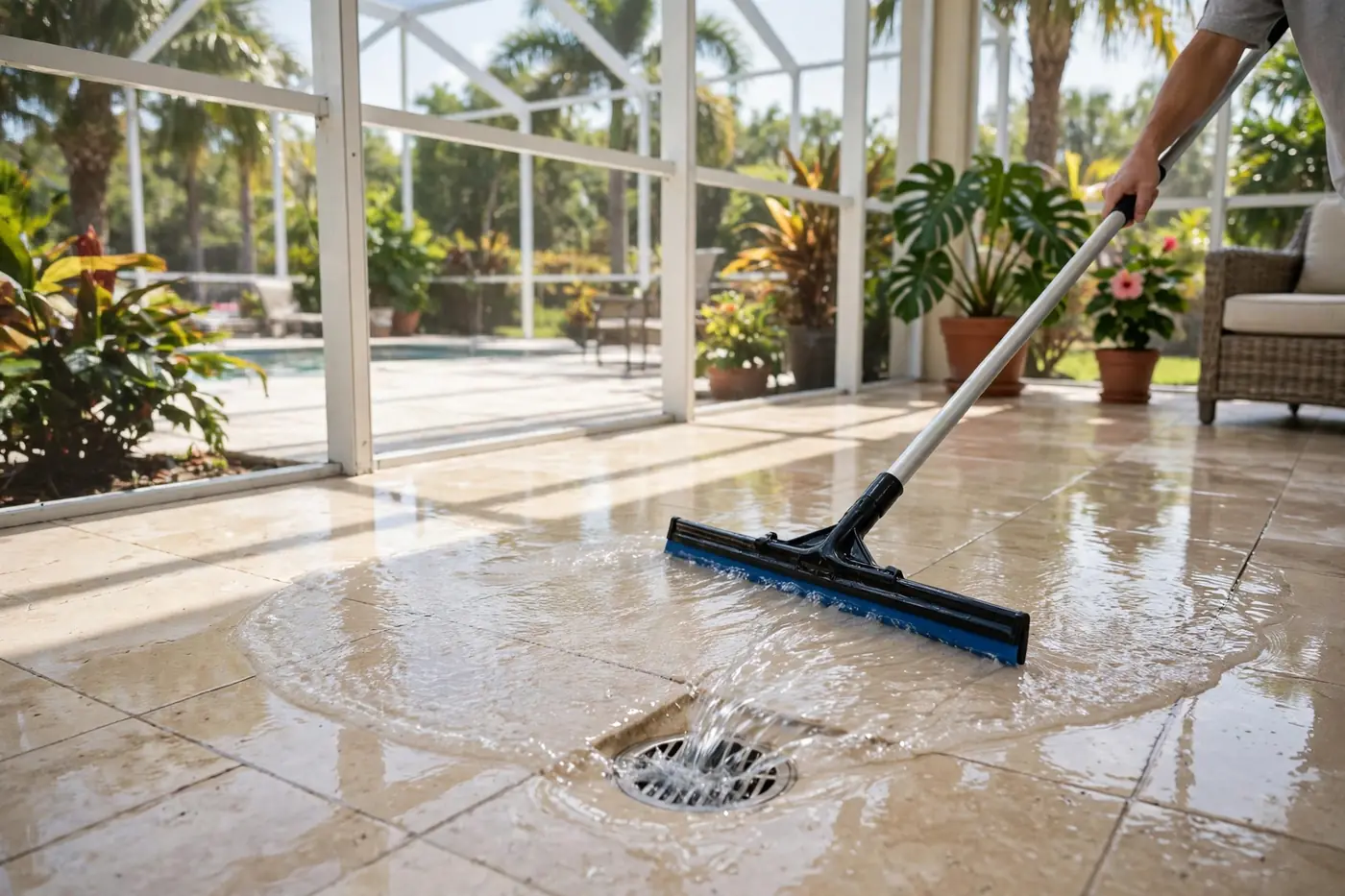 Squeegee pushing water across tiled lanai toward drain