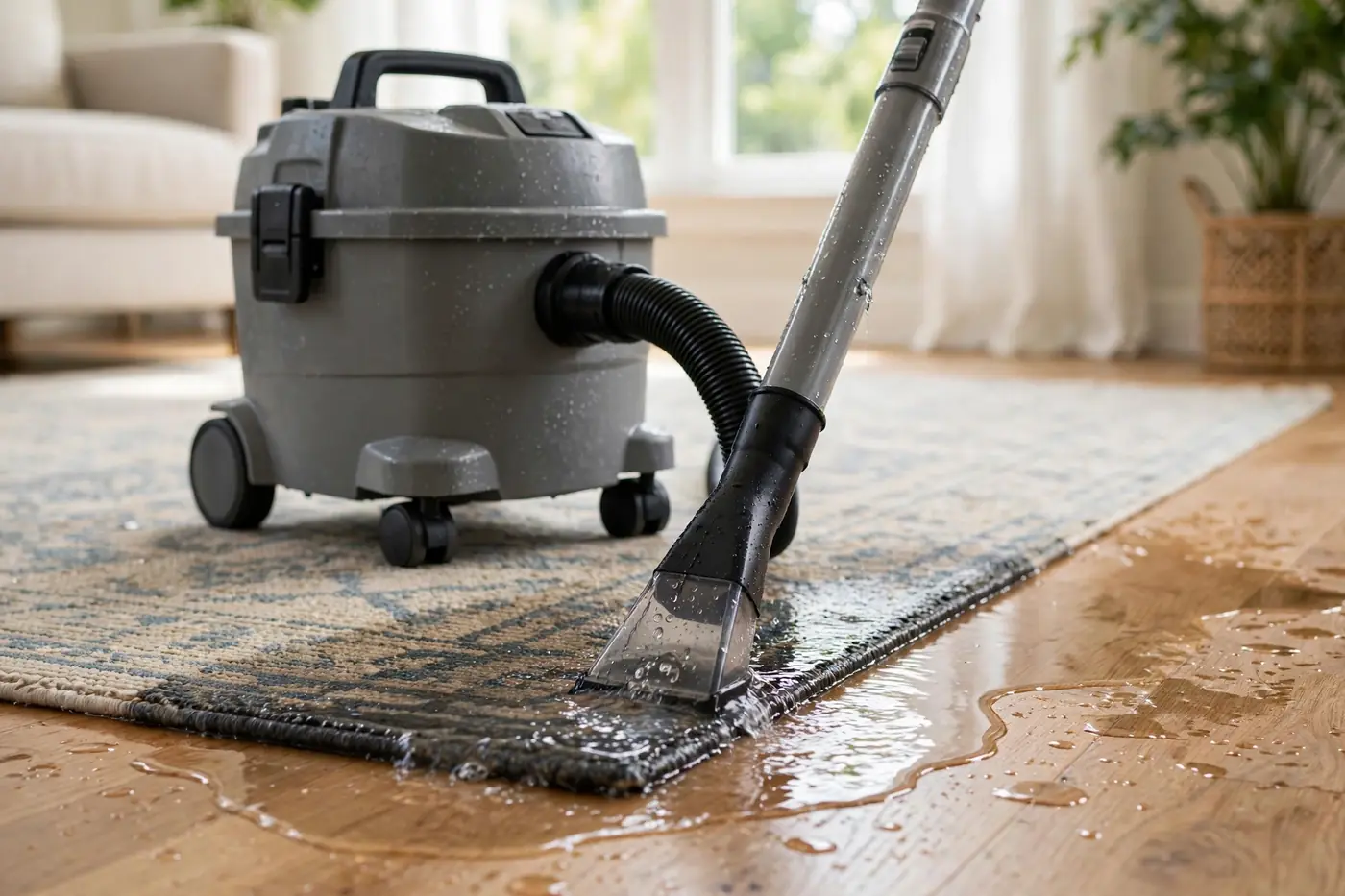Wet vacuum extracting water from soaked area rug