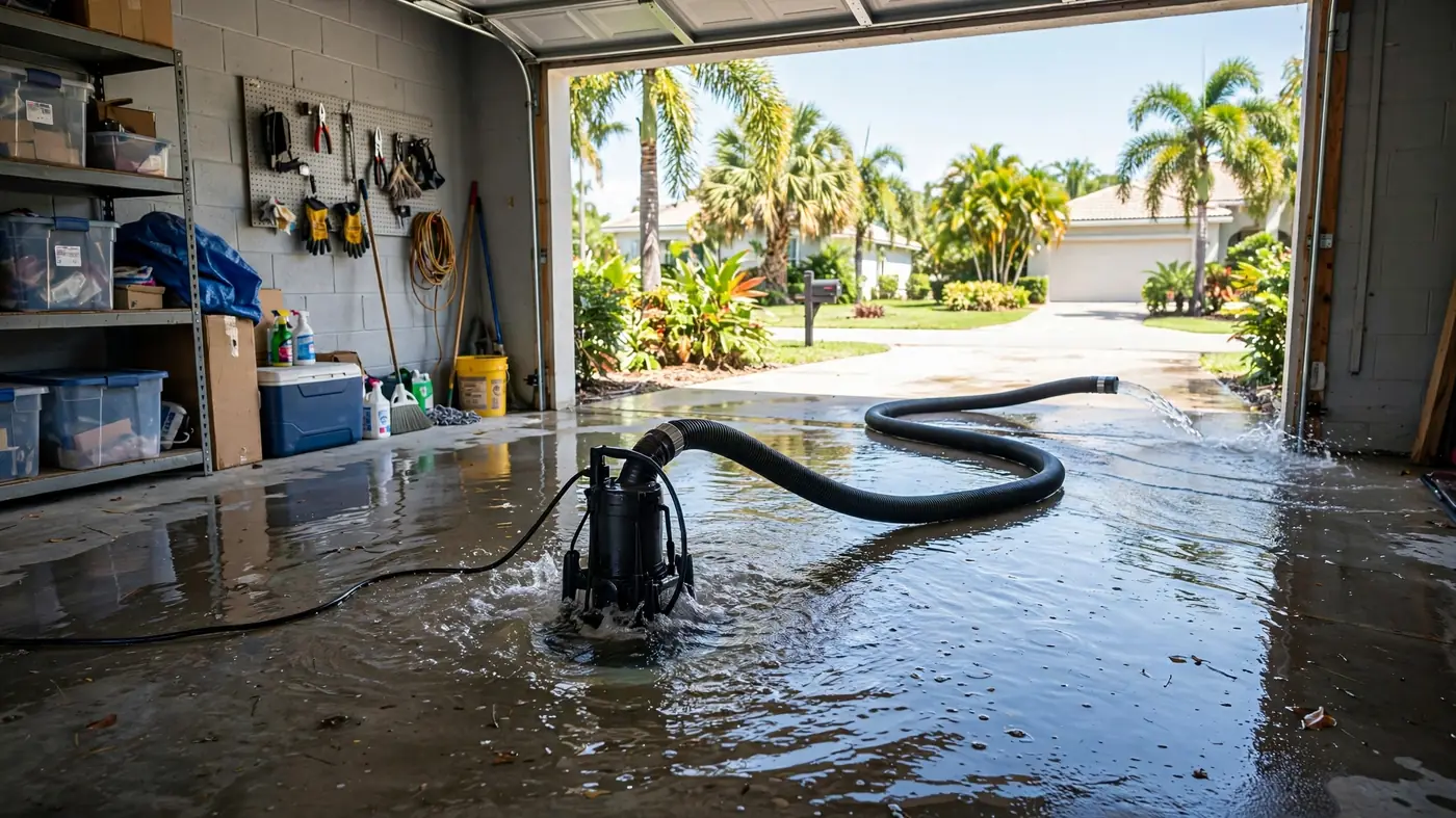 Submersible pump removing standing water from garage floor
