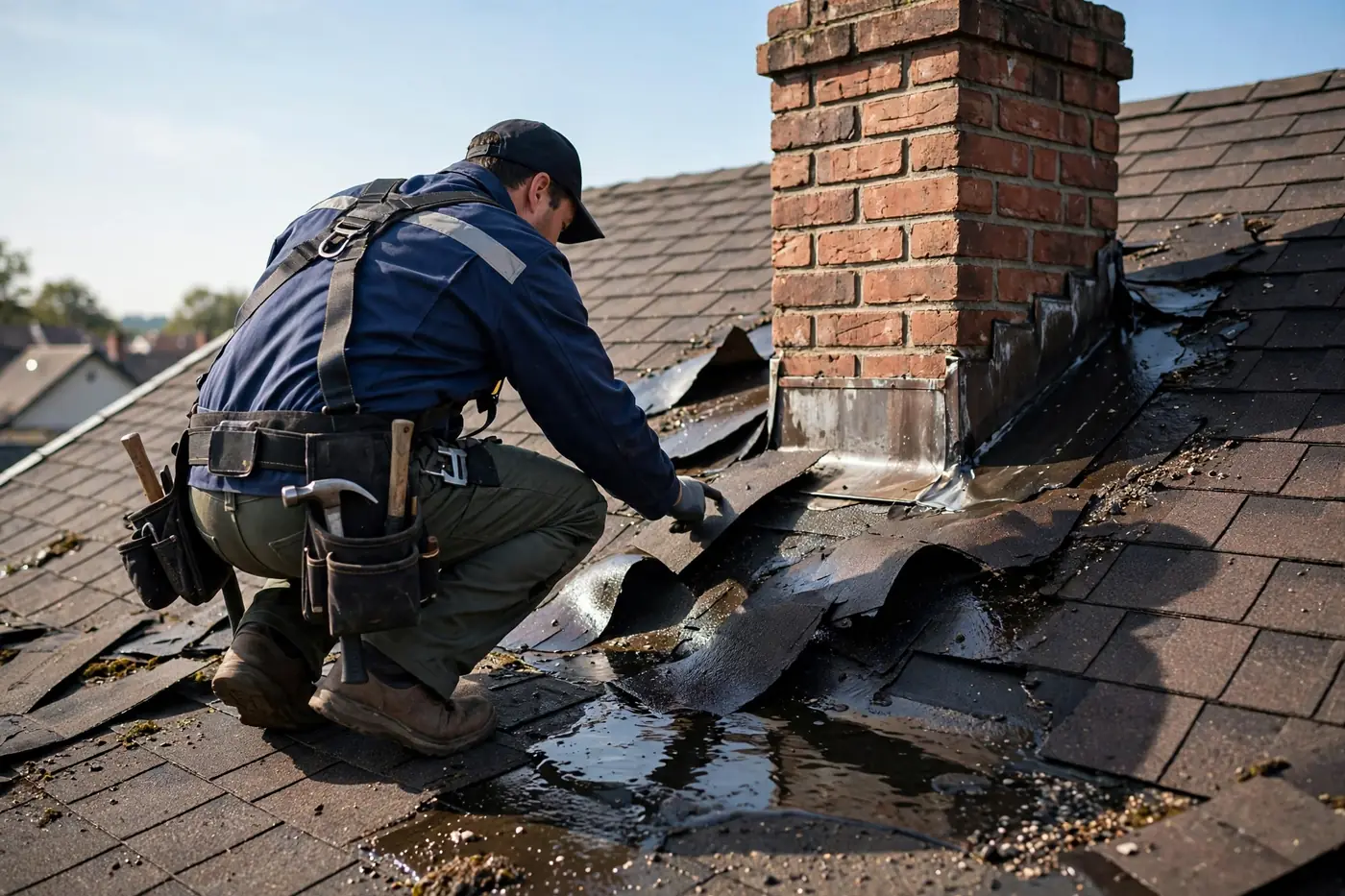 Roofer inspecting lifted shingles near chimney flashing