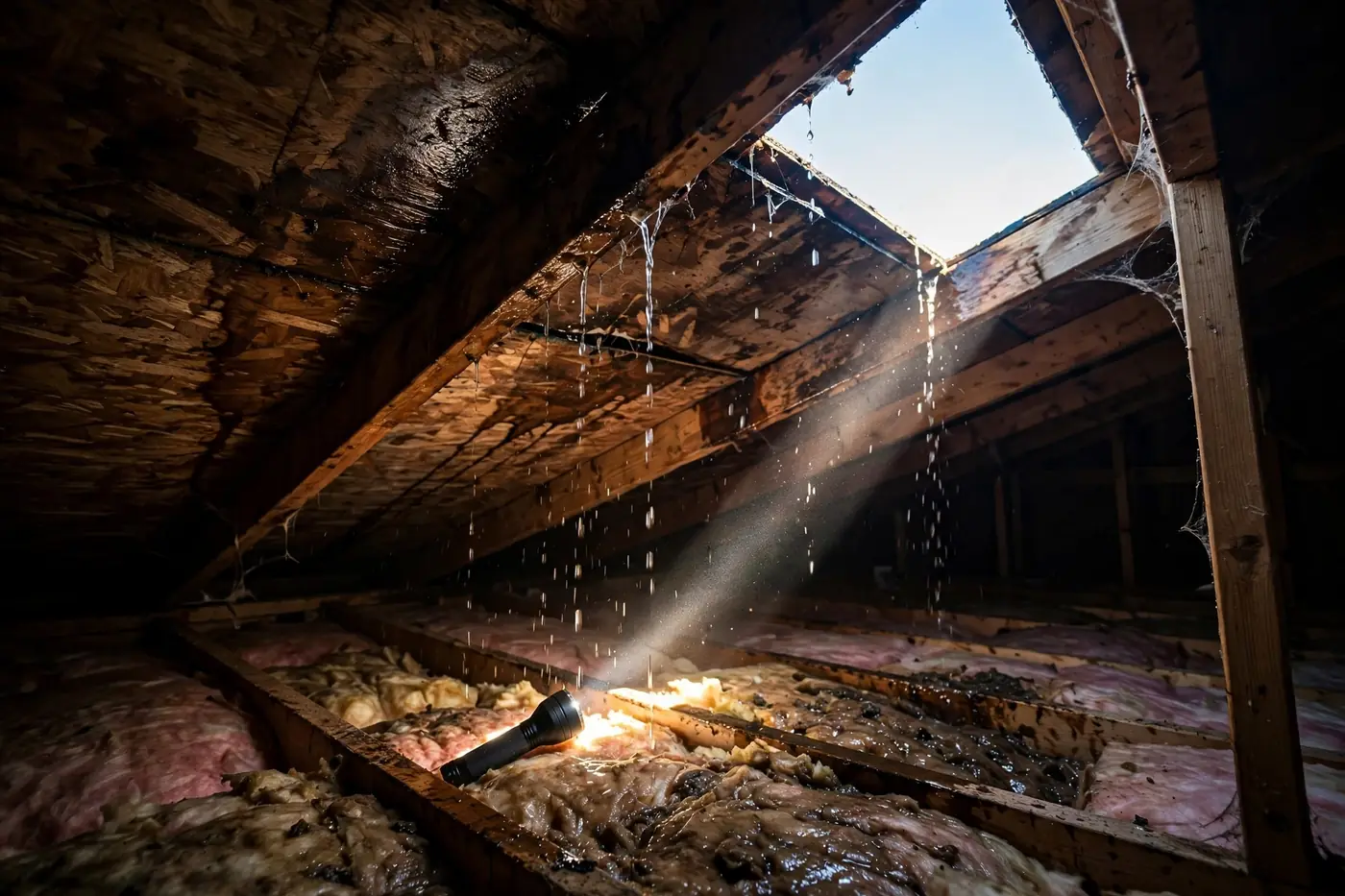 Water dripping from attic roof decking onto insulation