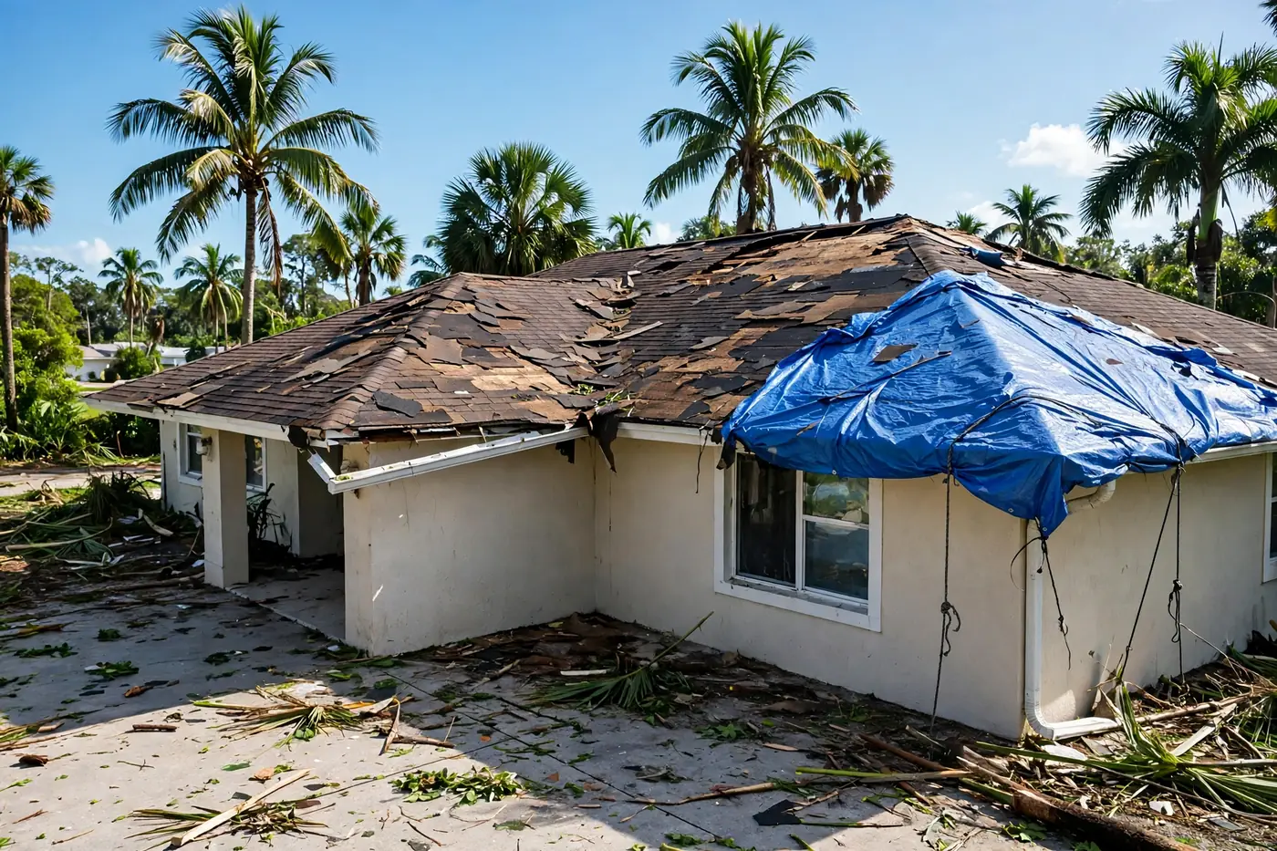 Florida shingle roof with missing shingles and blue tarp after storm