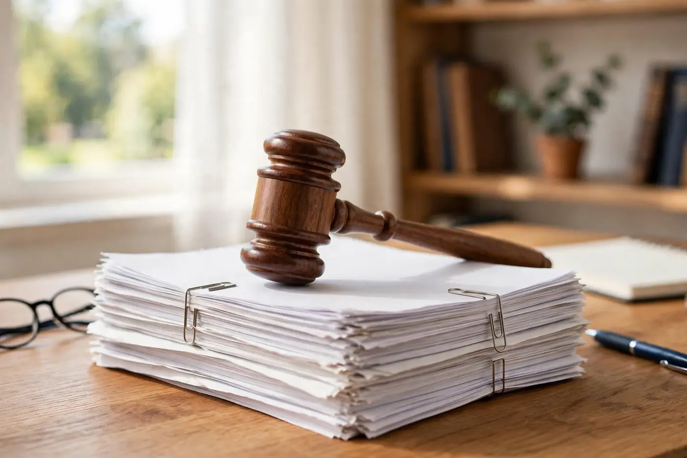 Gavel on stack of legal documents in warm office light