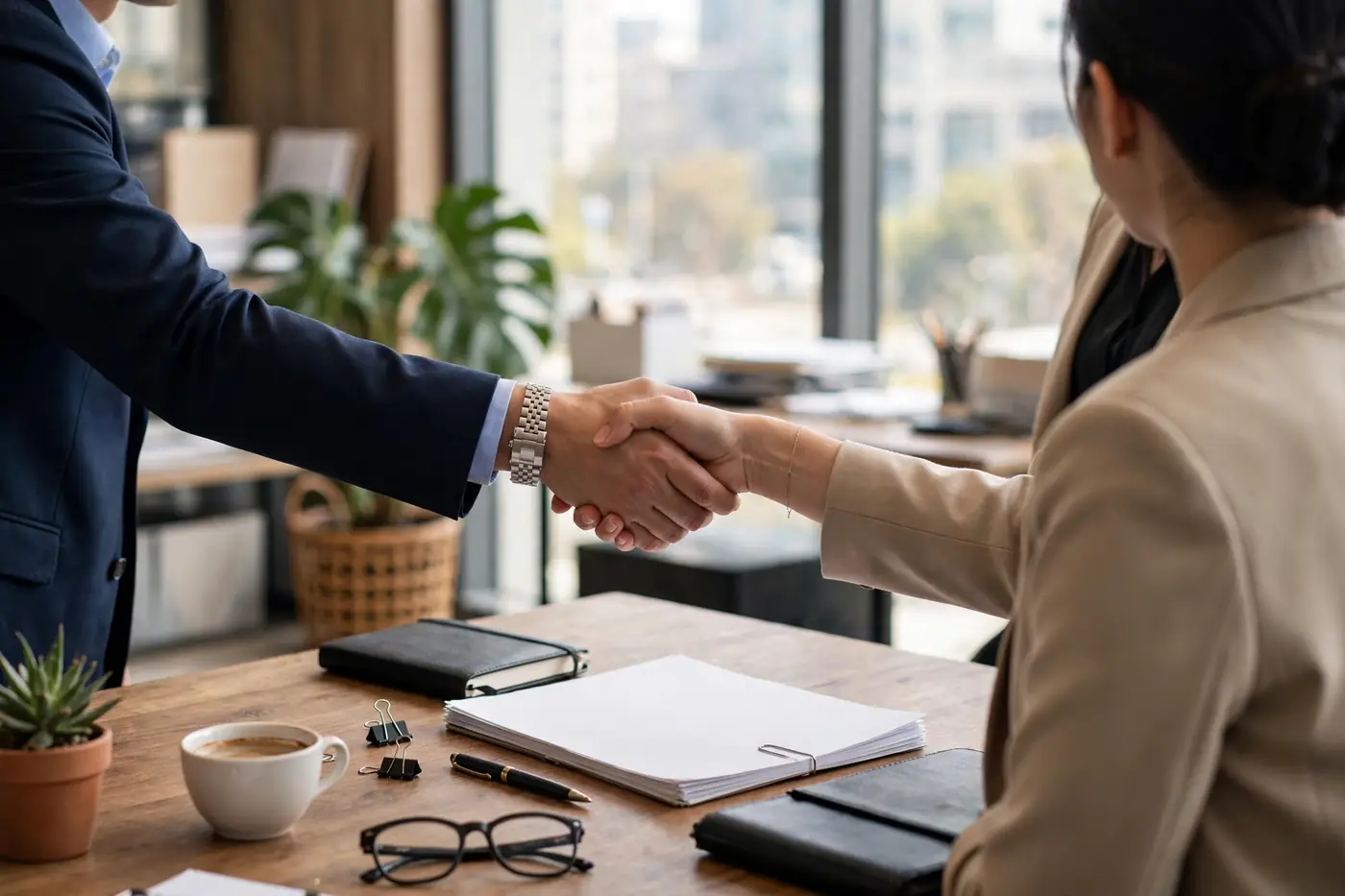 Professional handshake over desk with contract papers