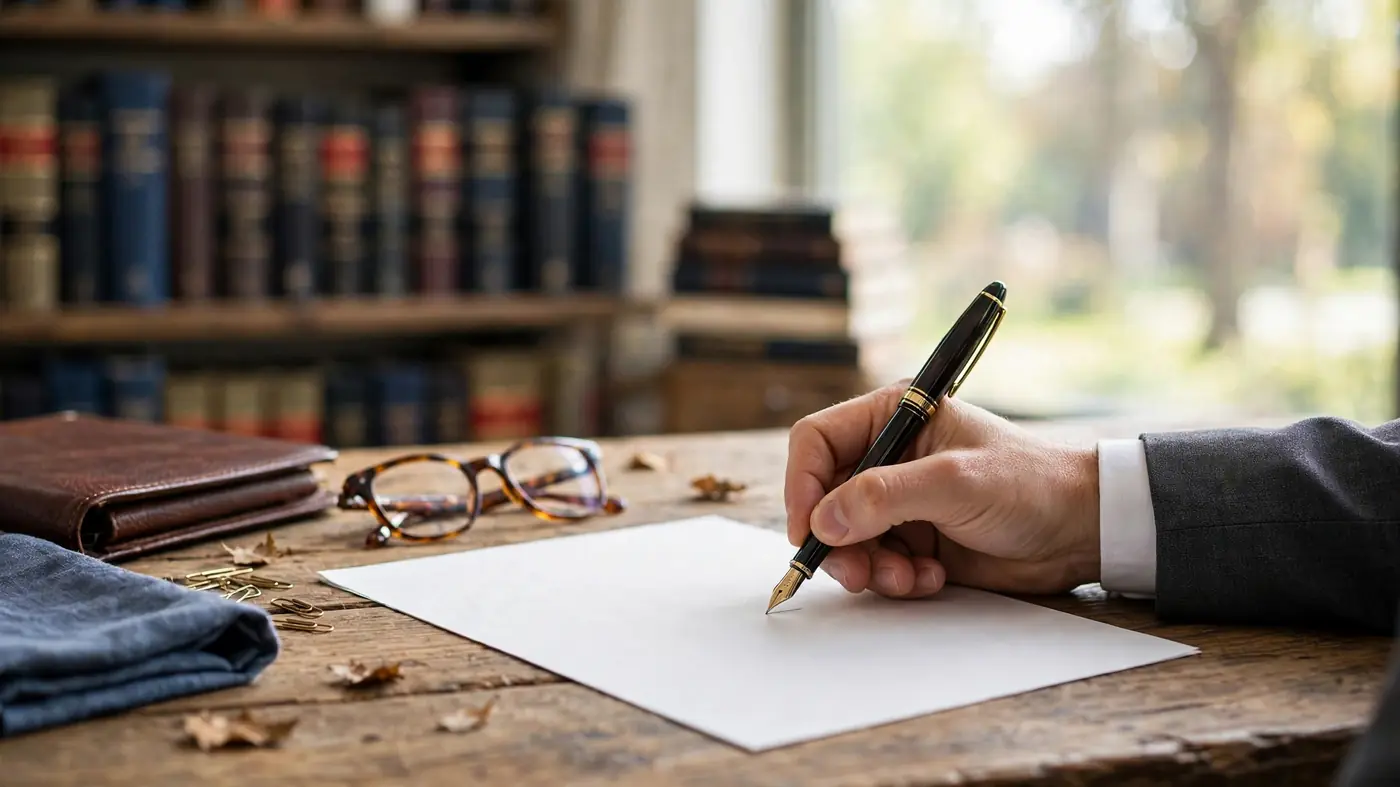 Fountain pen signing document with law books in background