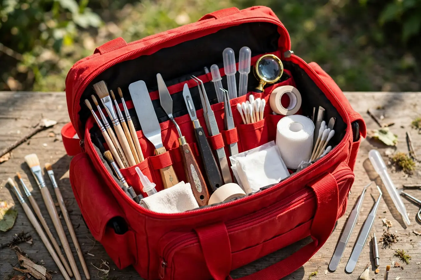 Red emergency bag with restoration tools