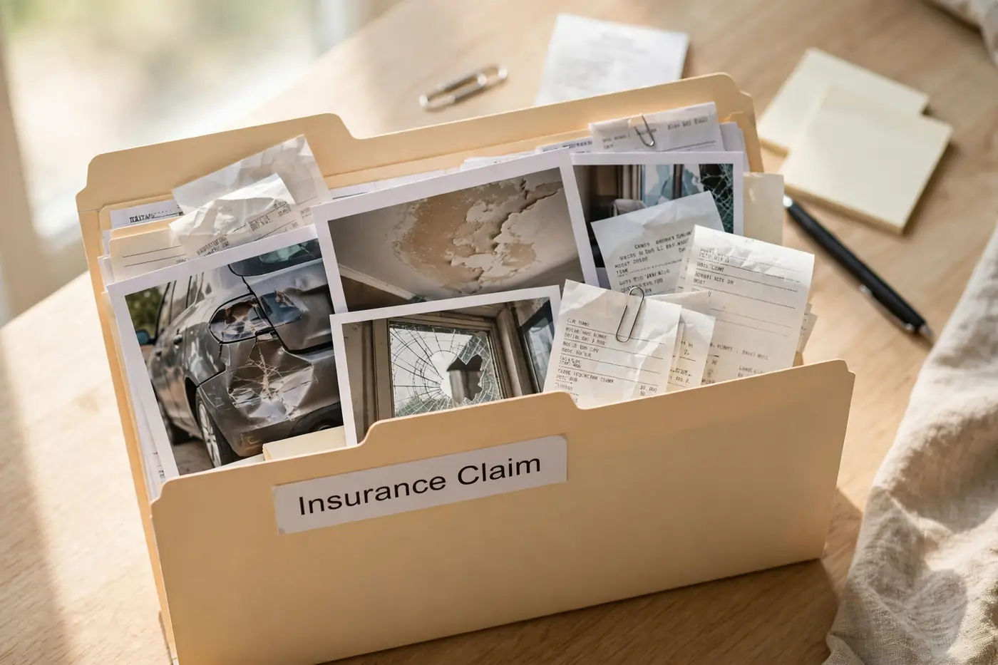 Insurance claim folder with damage photos and receipts