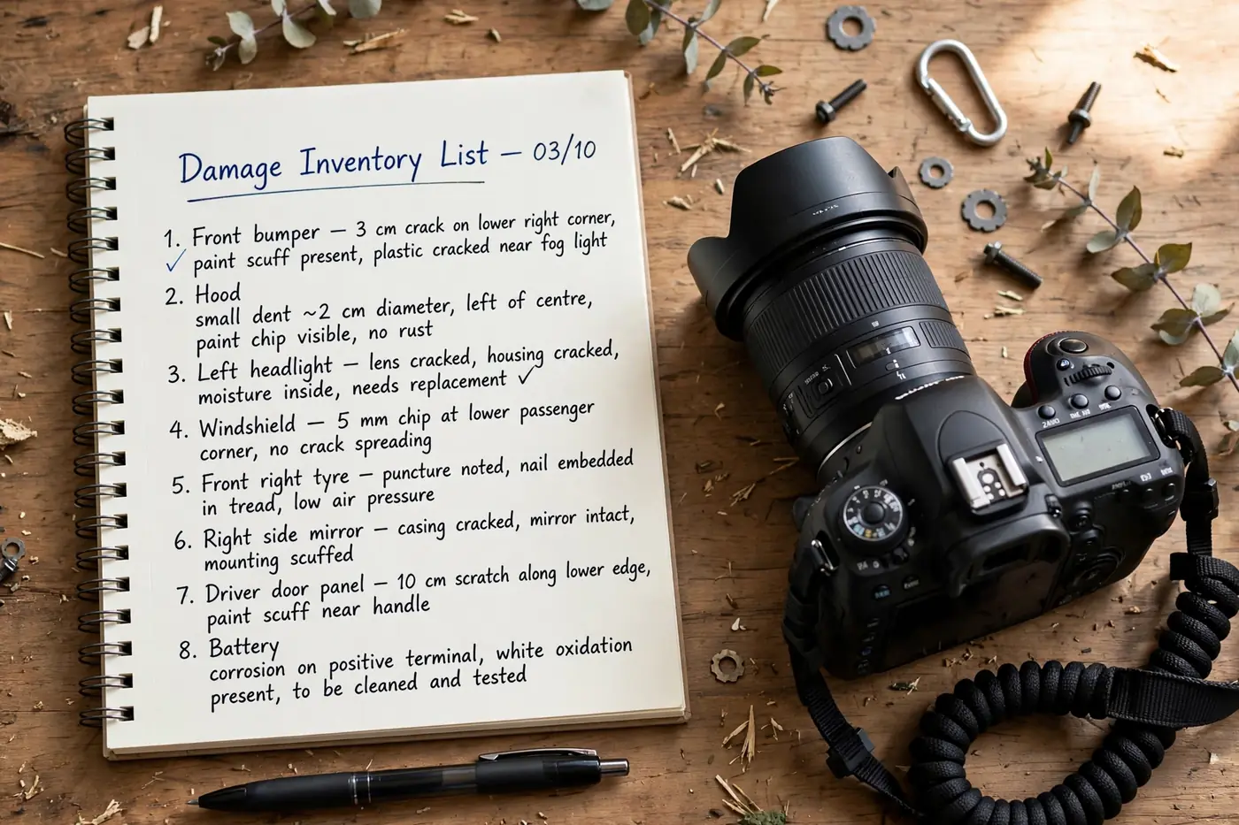 Damage inventory list notepad beside camera
