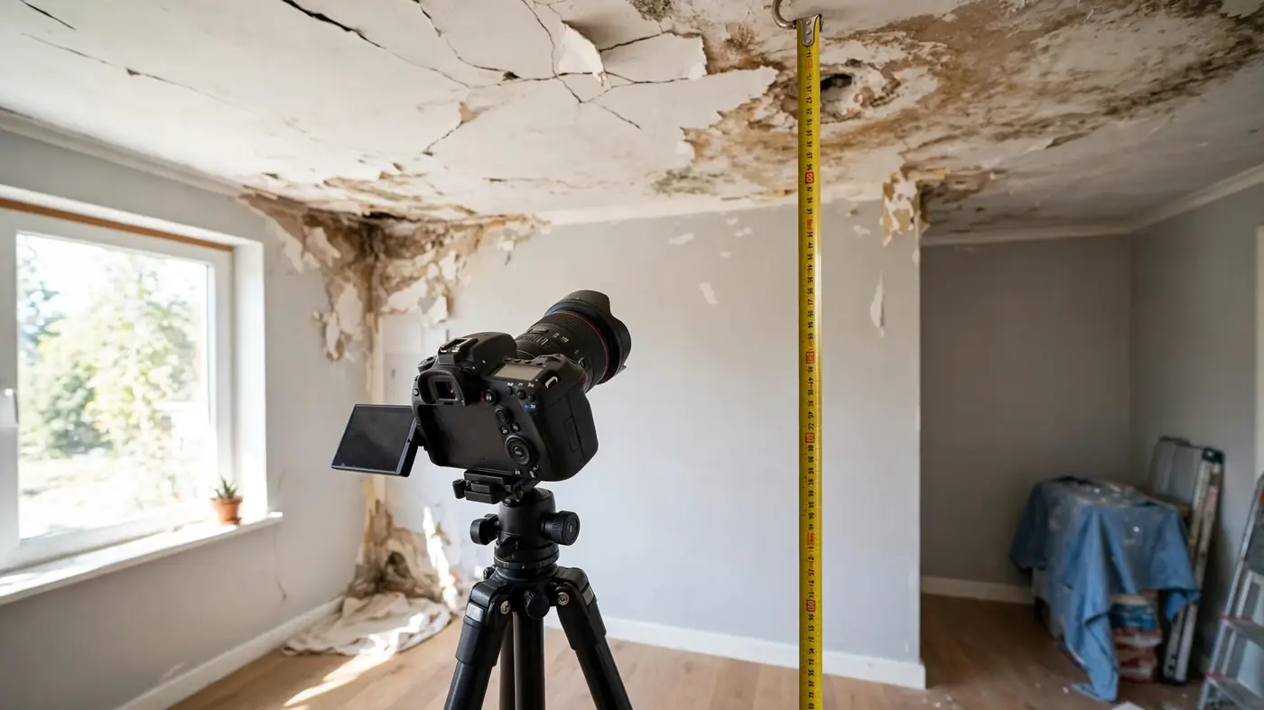 Camera photographing damaged ceiling with measuring tape