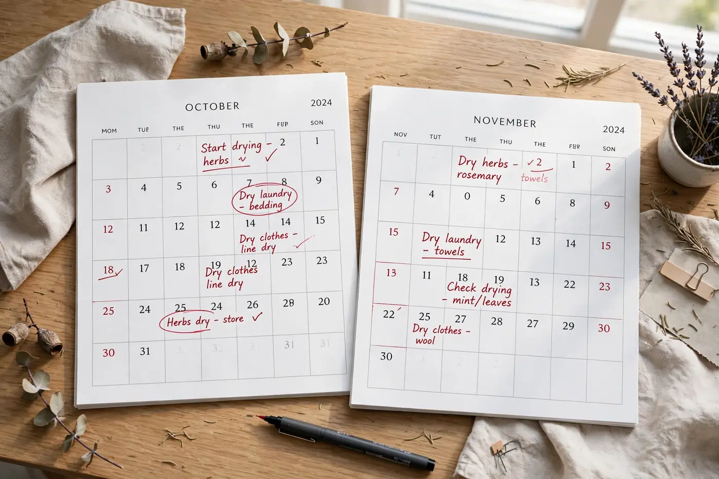 Calendar with drying schedule marked