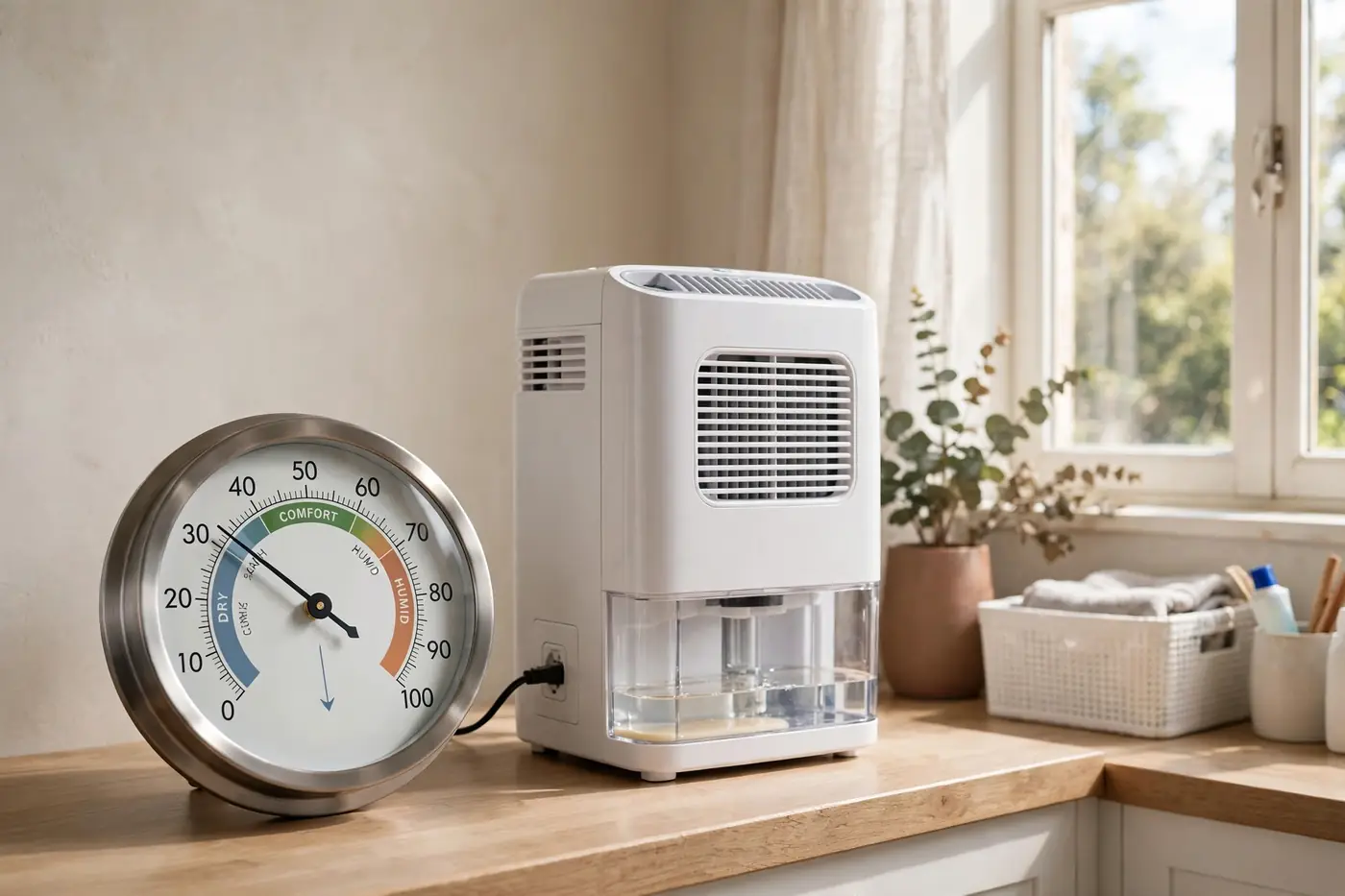 Hygrometer showing dropping humidity by dehumidifier