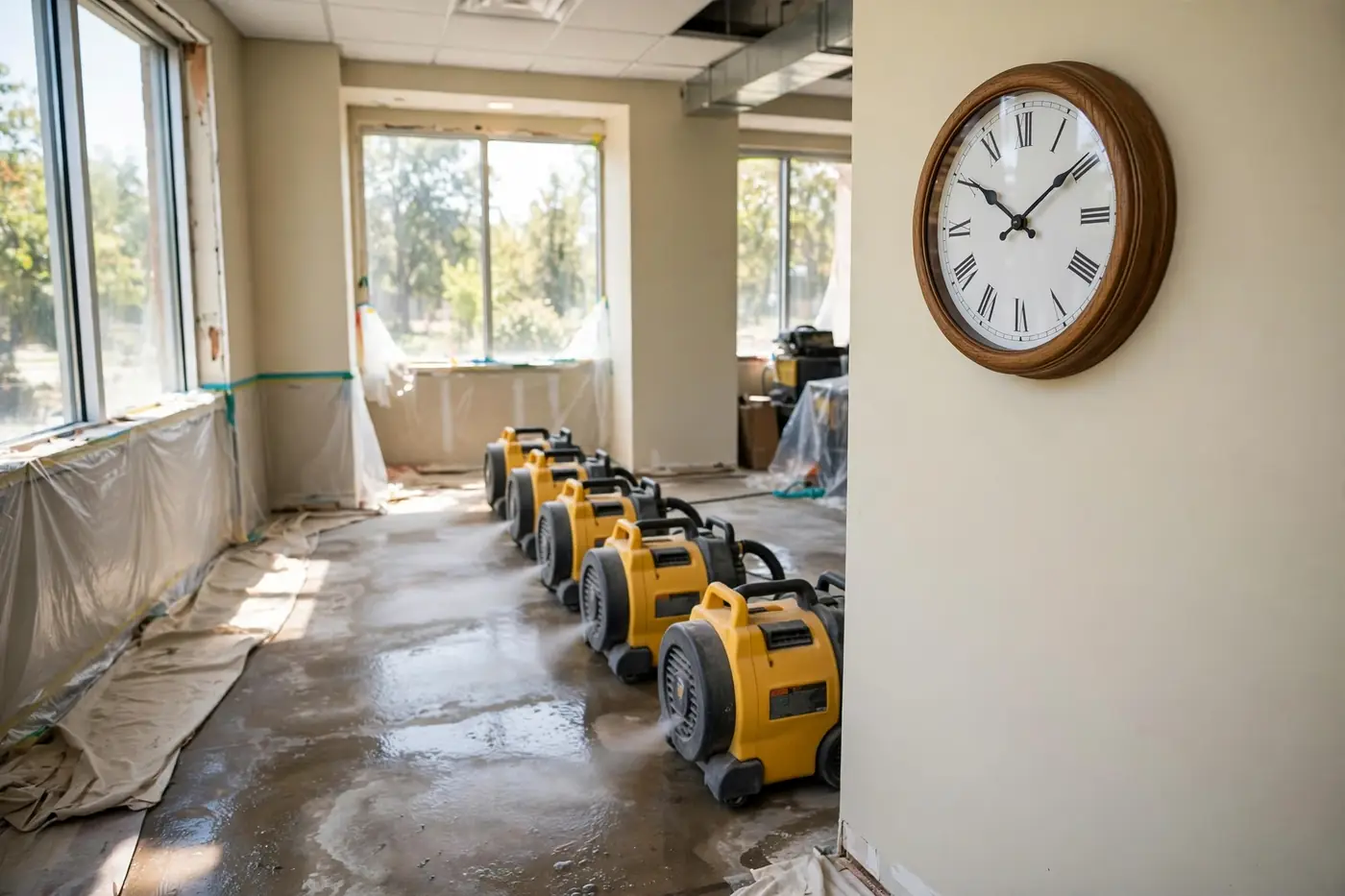 Wall clock beside air movers drying a room