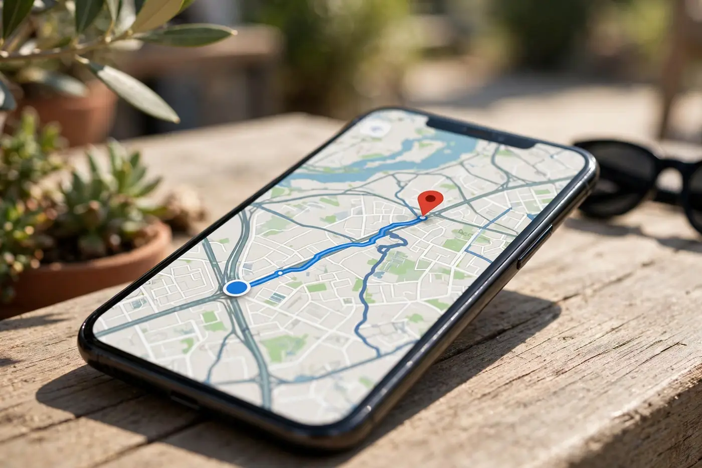 Smartphone showing map search with service route