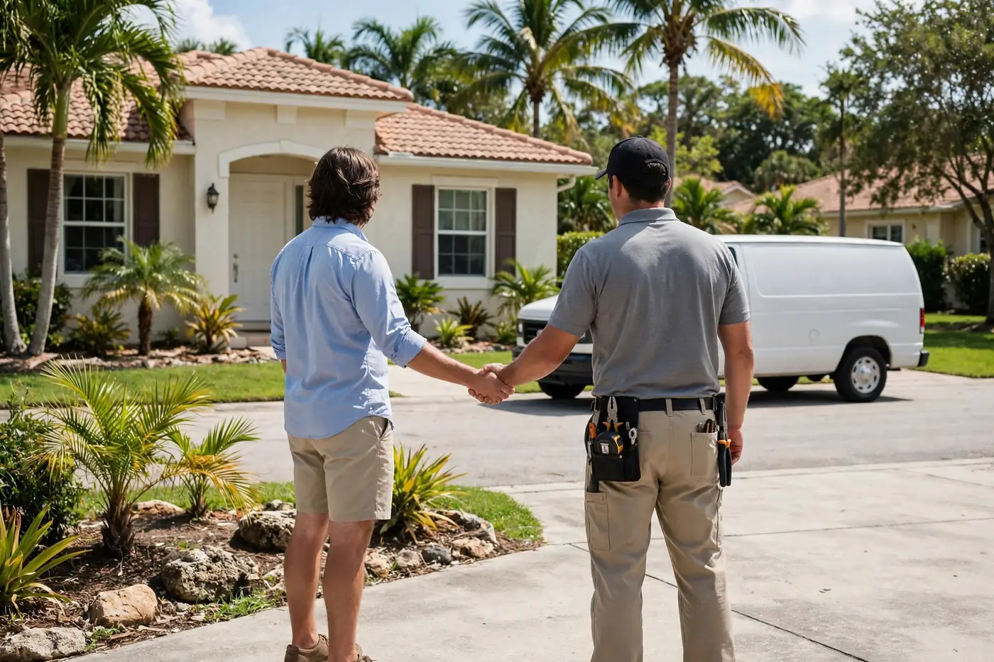 Handshake in front of Florida home with van behind