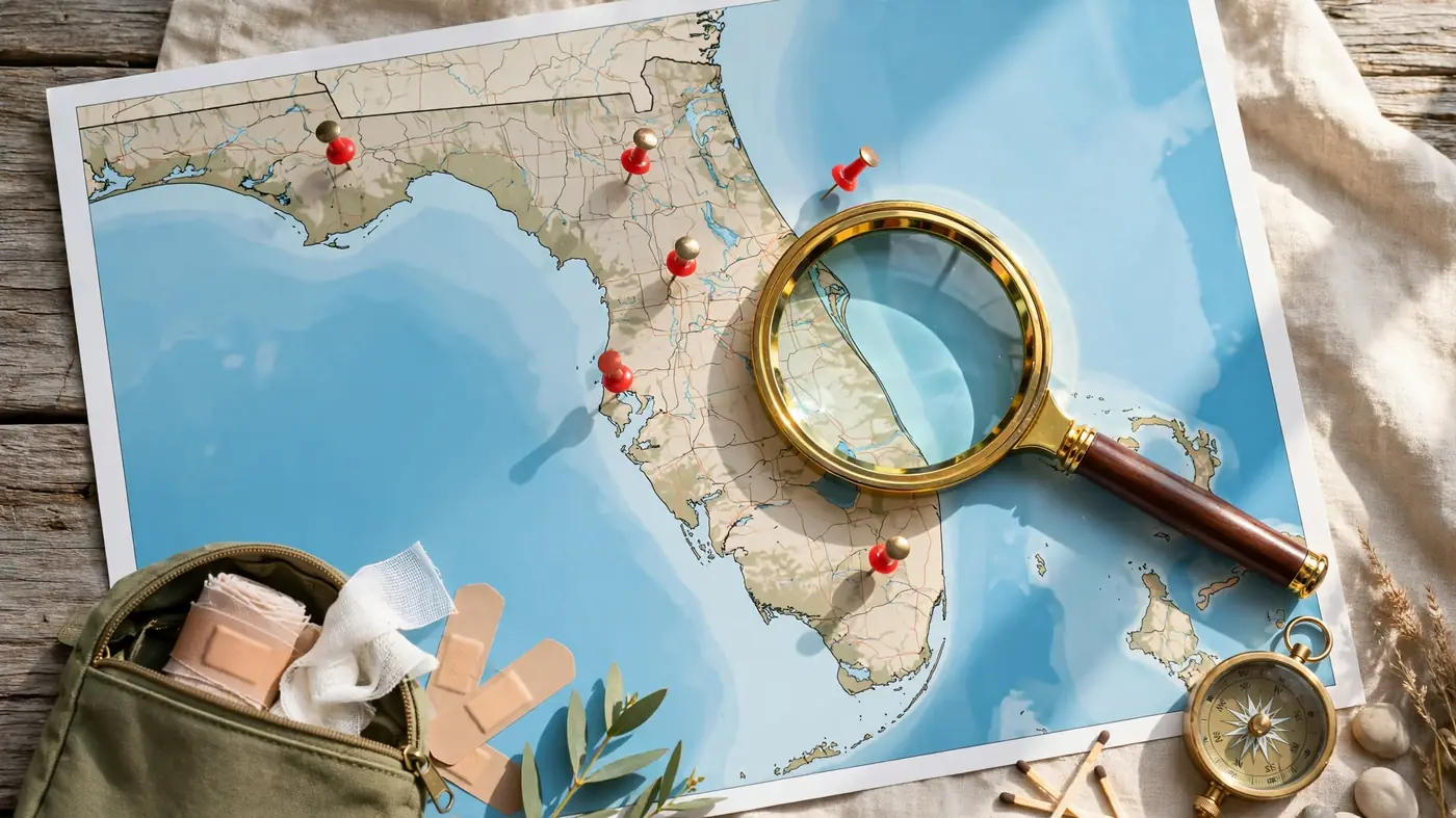 Florida map with location pins and magnifying glass