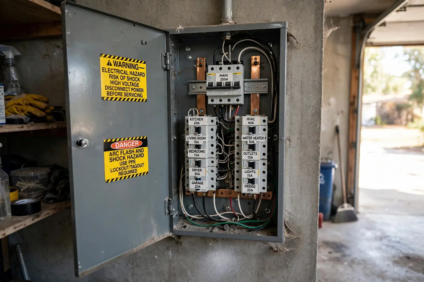 Electrical breaker panel with warning labels