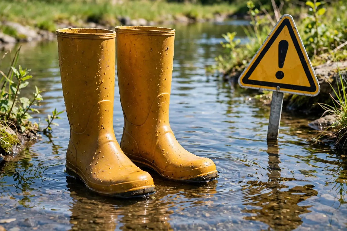 Rubber boots in shallow water with caution sign