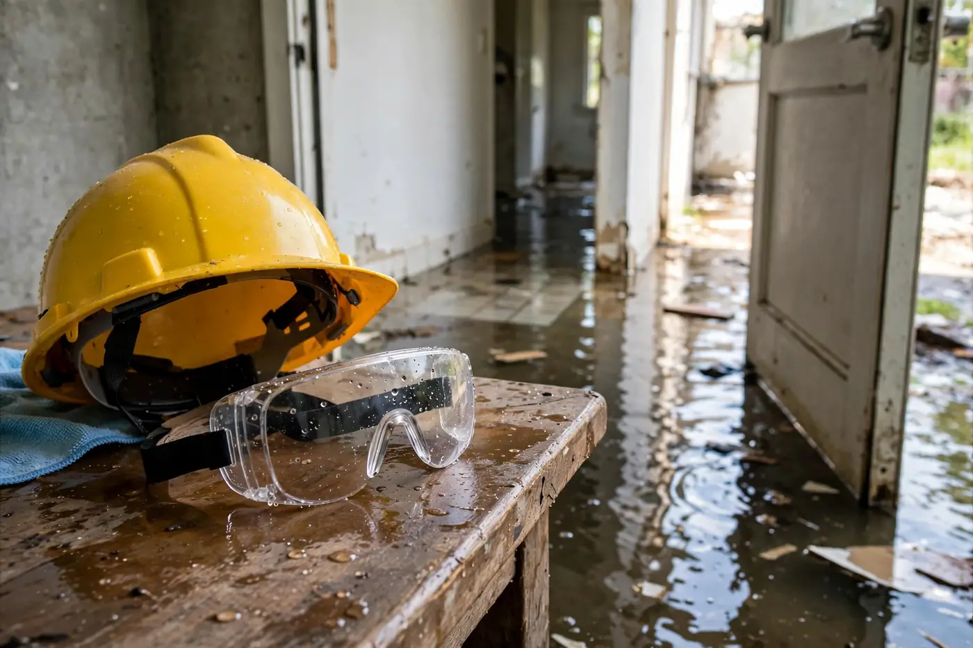 Hard hat and safety goggles by flooded room entrance