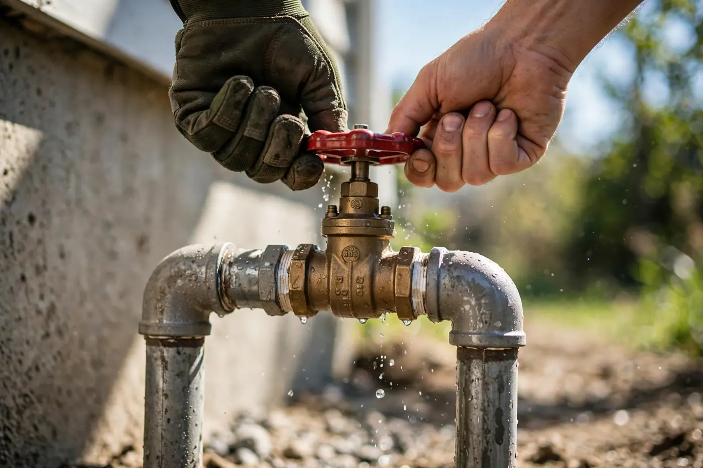 Hands turning off main water valve