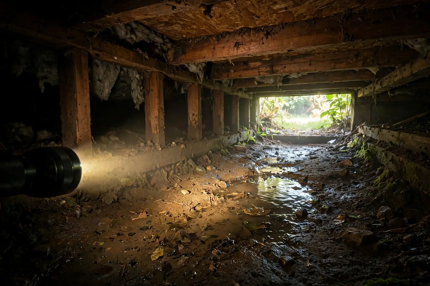 Flashlight illuminating wet crawlspace with puddles