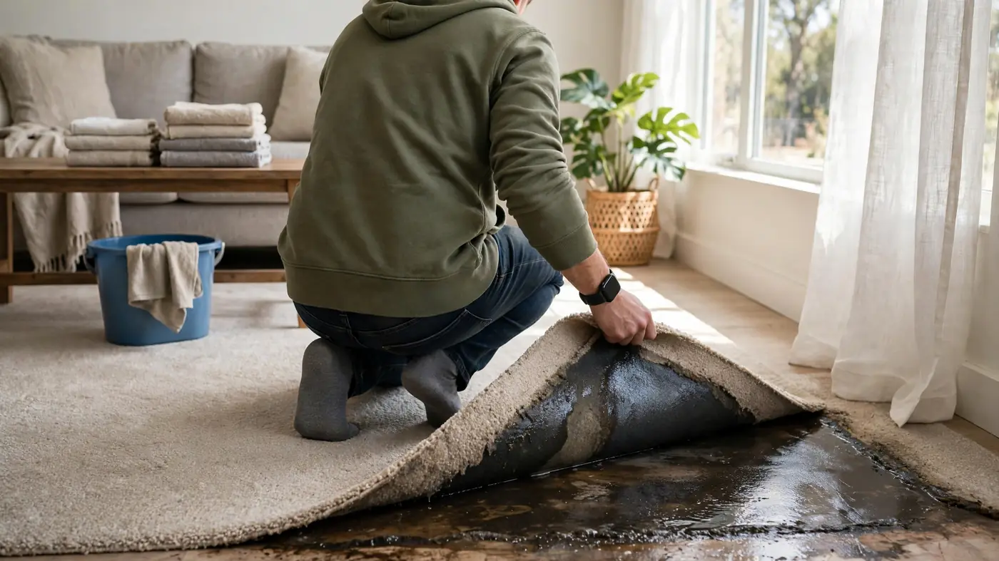 Homeowner lifting wet carpet corner revealing damp pad