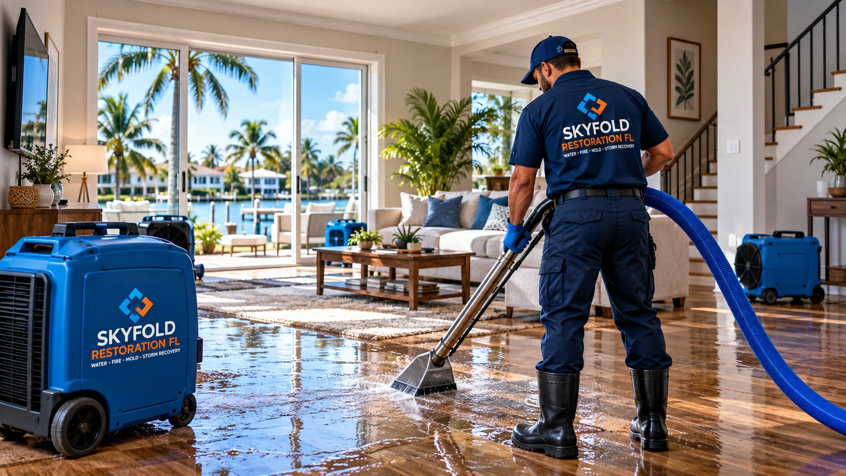 Water damage restoration technician assessing a flooded interior